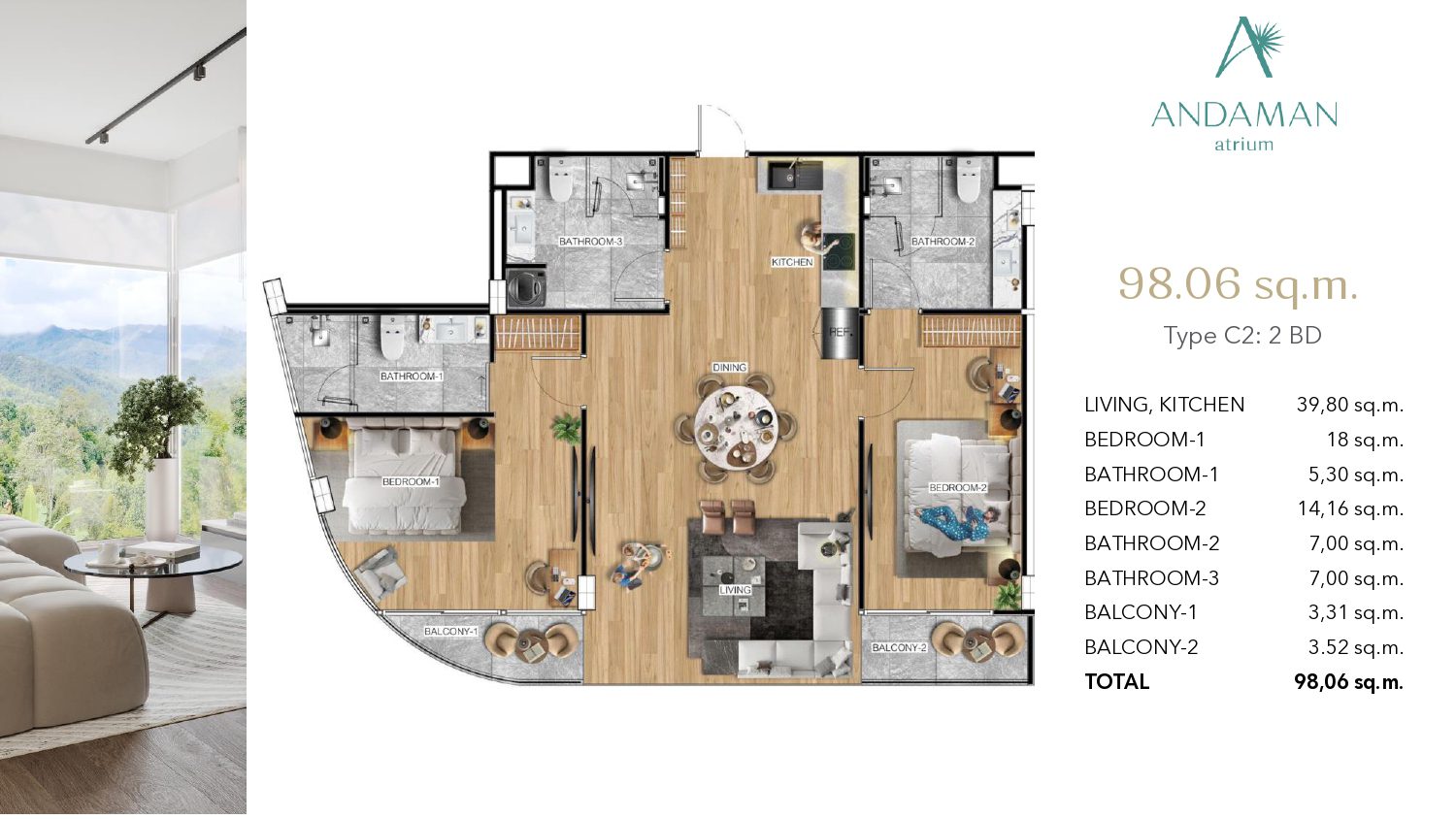 Квартира с двумя спальнями Тип C2 в Atrium Andaman City Третья фаза
