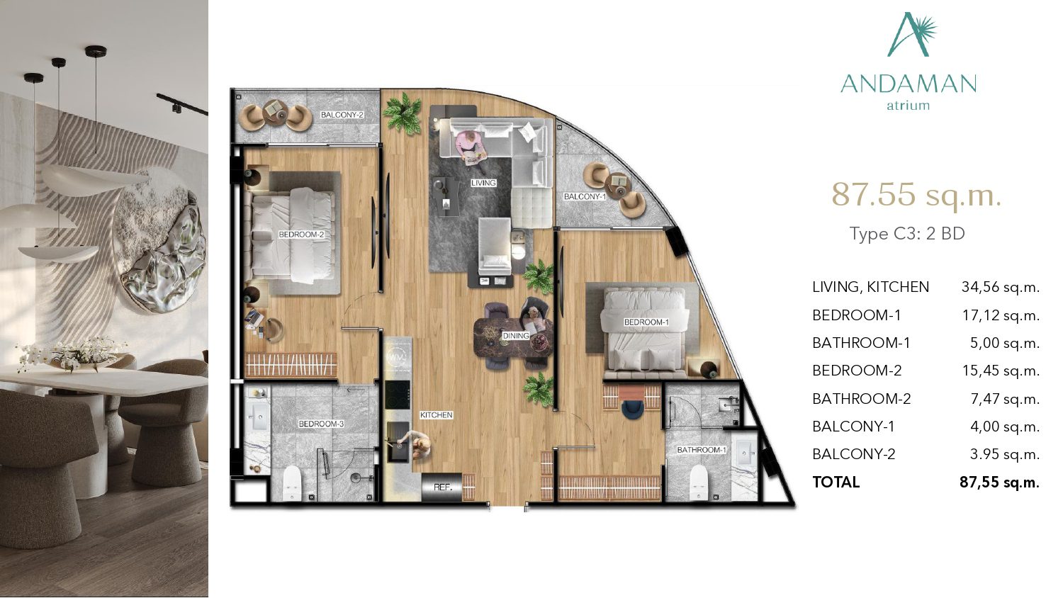 Квартира с двумя спальнями Тип C3 в Atrium Andaman City Третья фаза
